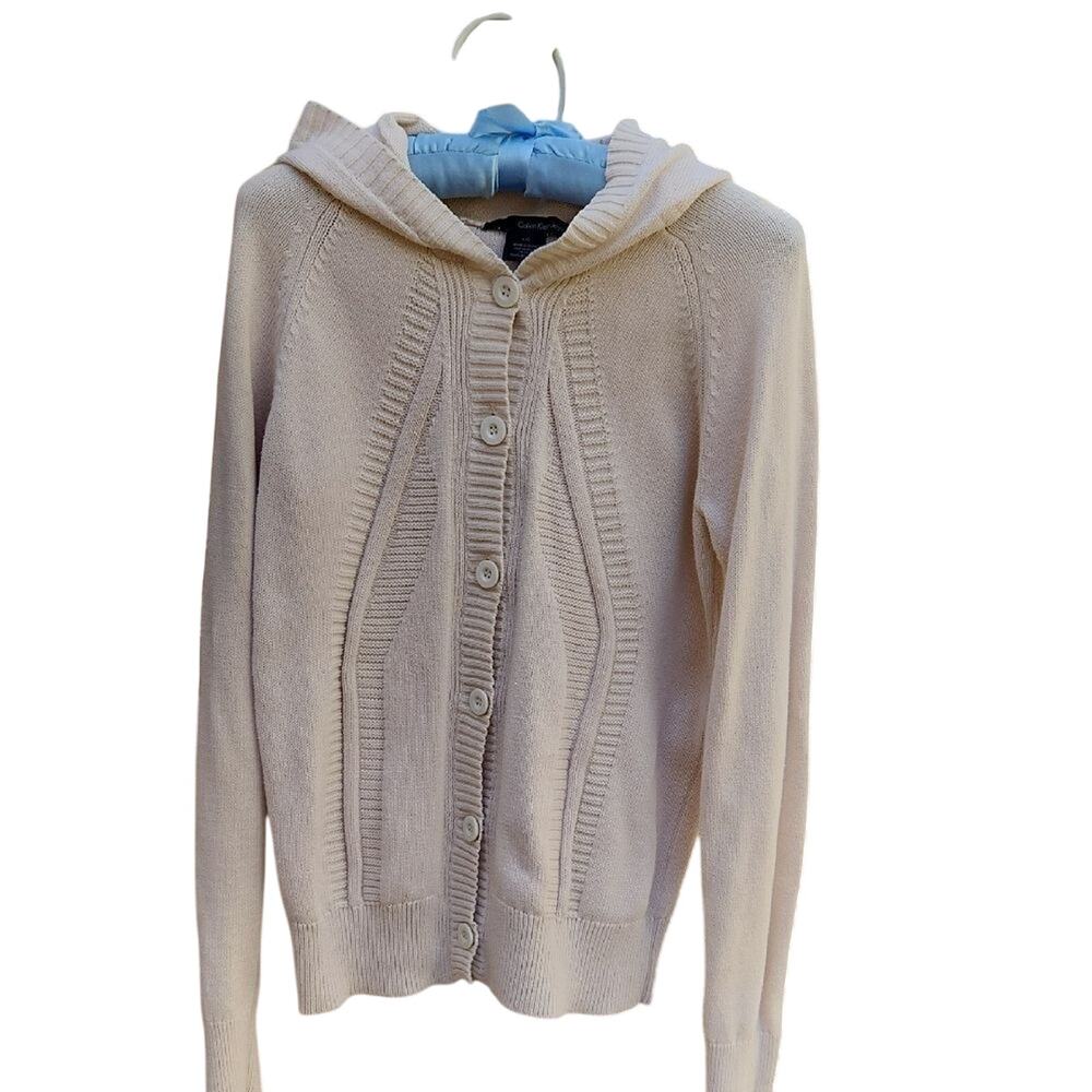 Women's Large Cream Hooded Calvin Klein Hooded button up Sweater